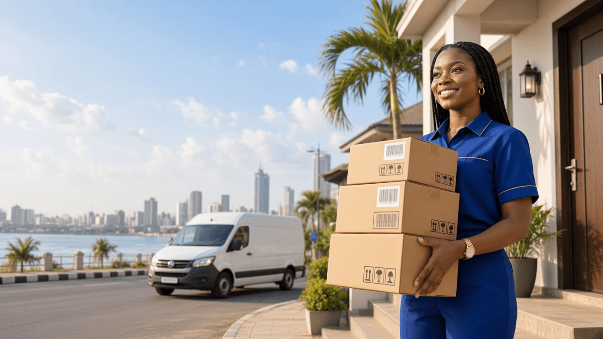 Courier delivering packages at a residential doorstep.